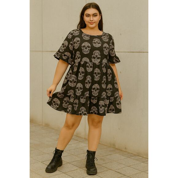 Emery Rose Black Skull Print Dress Empire Waist Goth Short Sleeve Women’s XL - Picture 1 of 5